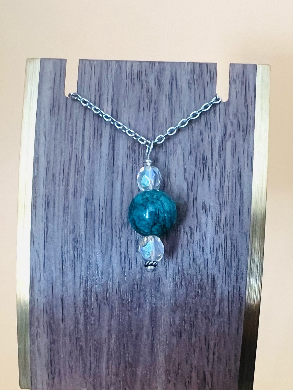Round  turquoise & clear crystal pendant silver wire wrapped plus necklace